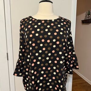 Polka Dot Ruffle Sleeve Blouse - Black with Pink, Cream & Brown Dots